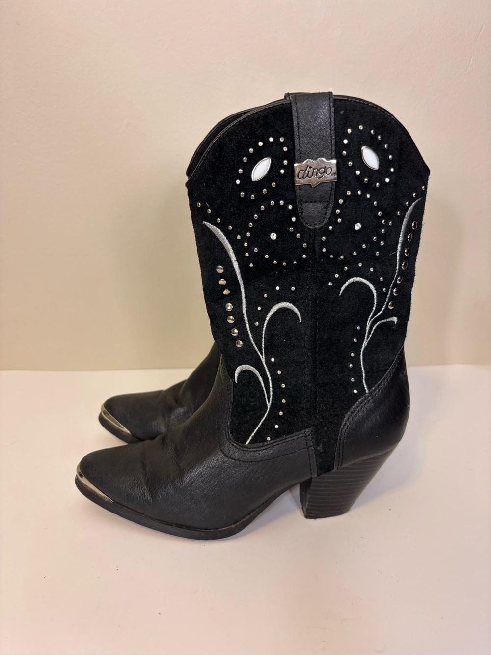 Dingo Black Leather & Suede Western Heeled Boots with Silver Studs 6